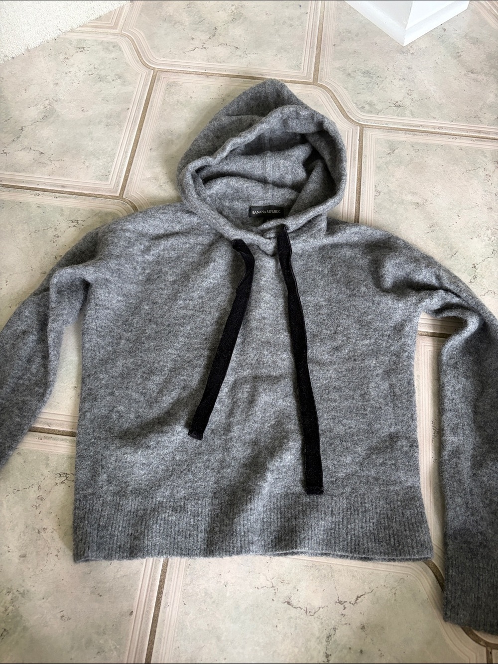 Banana Republic Gray Hooded Cashmere-Blend Sweater with Black Drawstrings
